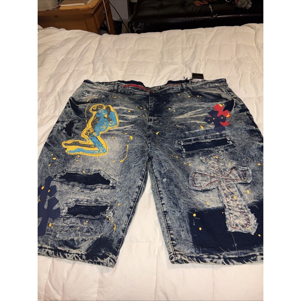 Rock Salt Distressed/Patchwork/Paint Splash Denim Shorts Blue Men s Size 50 NWT